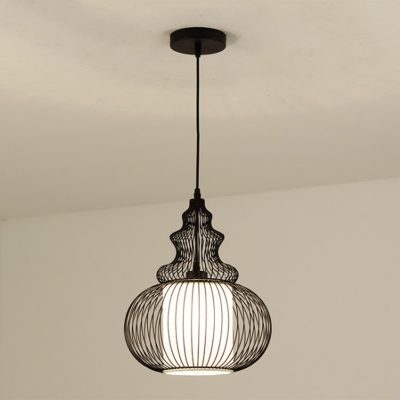 1-Light Retro Wire Cage Hanging Light Iron Pendant Lighting in Black with Fabric Shade