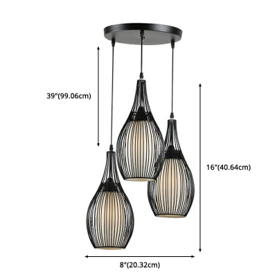 3 Lights Pendant Raindrop Metal Suspension Light with Fabric Shade in Black