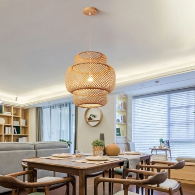 Asian Style Lantern Shape Hanging Lamp Single Pendant Light in Beige for Sitting Room