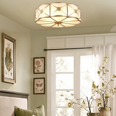 Drum Shade Bedroom Flush Mount Lighting Traditional Frost Glass 3/4/6-Light Gold Ceiling Light