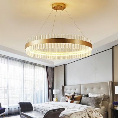 Minimalist Golden LED Chandelier Prismatic Crystal Circular Pendant Lamp for Living Room