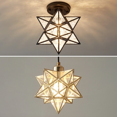 Star Metal Semi-Flushmount Light Colonial Style Triangle Glass 1-Bulb Ceiling Light 8 Inchs Wide