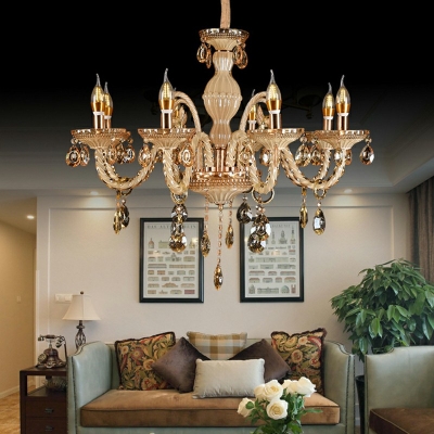 Traditional Style Metal Candle Pendant Light with Crystal Suspension Light for Living Room