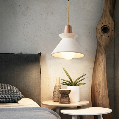 White Cement Cone Shade Pendant Modern Living Room Wood Detail Suspension Lighting with 79 Inchs Height Adjustable Cord