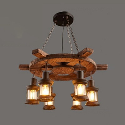 Wood Lantern Chandelier Farmhouse 6 Lights Industrial Chandelier for Bedroom