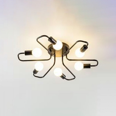 6 Light Metal Semi Flush Mount Light Industrial Vintage Black Sputnik Ceiling Lighting