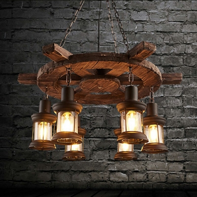 6 Lights Chandelier Wood and Iron Rope Pendant Hanging Lights in Black for Coffee Shop