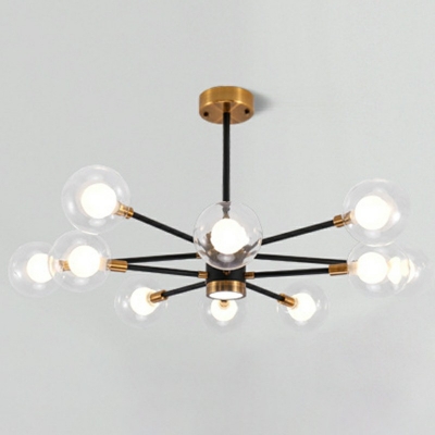 Clear Glass Globe Ceiling Chandelier in Black-Gold Modernism Pendant Light with Sputnik Design