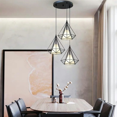 Diamond Form Pendant Industrial Living Room Iron Cage Hanging Lamp with Fabric Shade