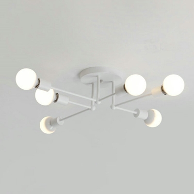 Industrial Concise Linear Semi Flush Light Metal 6 Ceiling Light with Round Canopy