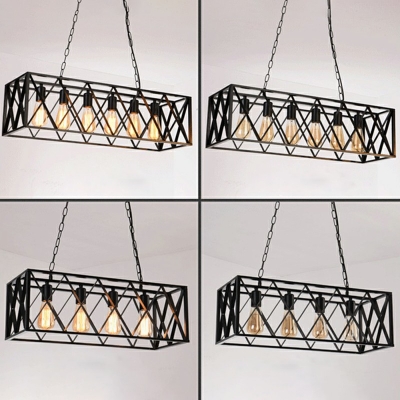 Industrial Style Black Metal Island Light Rectangle Wire Cage Shade Dining Table Ceiling Pendant Light