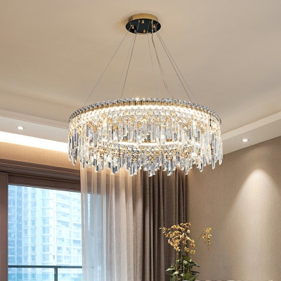 LED Brass Chandelier Simplicity Beveled Crystal Dining Room Round Hanging Light