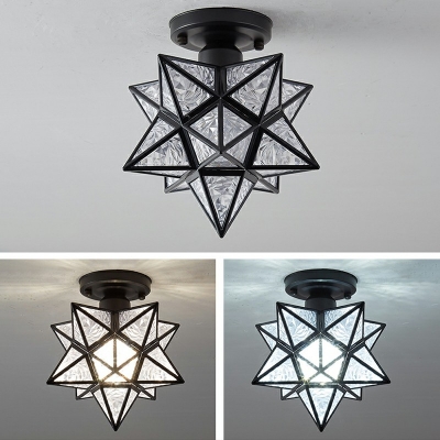 Star Metal Semi-Flushmount Light Colonial Style Triangle Glass 1-Bulb Ceiling Light 8 Inchs Wide