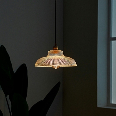 Vintage Saucer Pendant with Ribbed Glass Single Head Suspended Light in Brass for Corridor Hallway