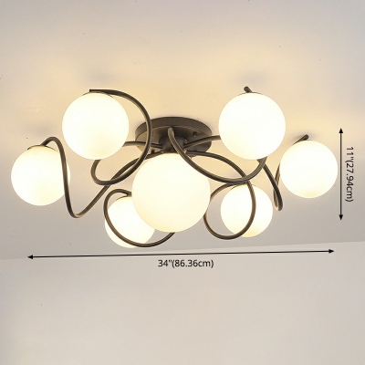 White Glass Globe Shade Flush Mount Light in Black Contemporary Metal Light Fixture for Bedroom Dining Room