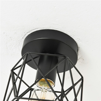 Wrought Iron Wire Cage Semi Flush Mount Industrial Vintage 1 Light  Black Ceiling Light