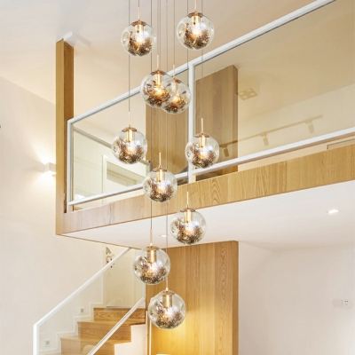 10-Bulbs Cognac Glass Globe Suspension Light Cluster Pendant with Foil Flower Decoration