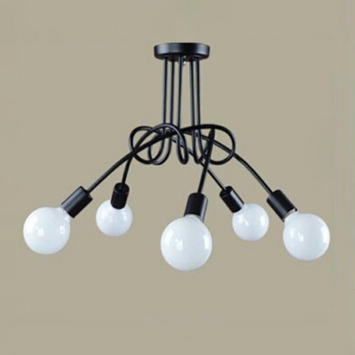 3/5 Heads Bare Bulb Lamp Semi Flush Light Fixture Metal Ceiling Mount Chandelier in Black