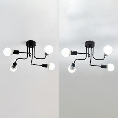 4 Light Semi Flush Mount Industrial Style Sputnik Metal Ceiling Light in Black