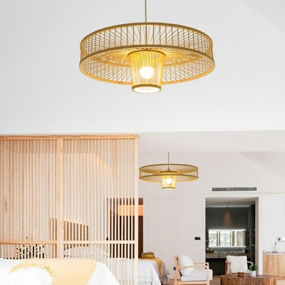 Beige Cylinder Bamboo Ceiling Lamp Asian 1 Bulb Wooden with Barrel Shade Hanging Pendant Light for Restaurant