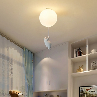 Cartoon 1-Head Ceiling Fixture White Bear and Balloon Flush Mount Light with Cream Glass Shade for Nursery