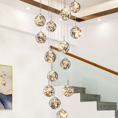 Globe Glass Pendant 15 Lights Minimalistic Hanging Ceiling Light for Stairs