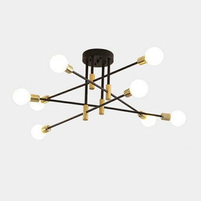 Industrial Concise Linear Semi Flush Light Metal in Black-Gold Ceiling Light for Living Room