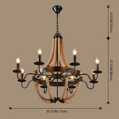 Large Rope LED Chandelier in Olde Iron Black Finish with 19.5 Inchs Height Adjustable Chain
