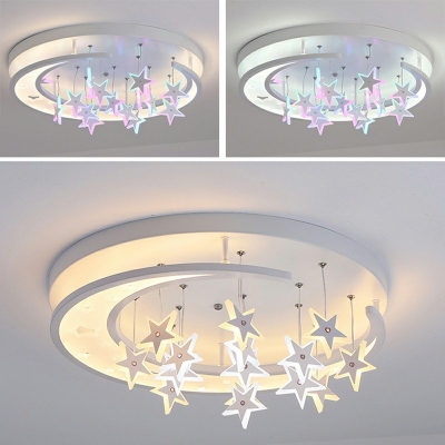 LED Modern Lighting Star and Moon Design Metallic Flush Mount Ceiling Light in White for Kid's Room