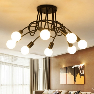 Vintage Style Radial Wrought Iron Ceiling Light Bare Bulb Sputnik Semi Flush Ceiling Light for Living Room