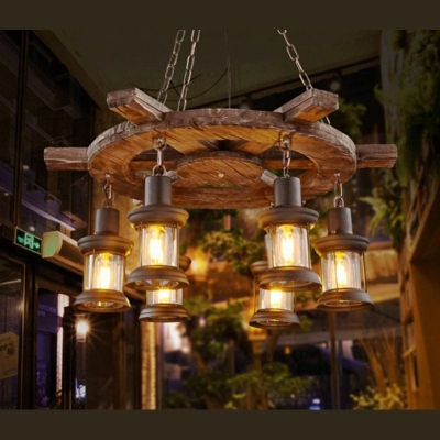 Wheel Restaurant Chandelier Lamp Farm Wood 6-Light Black Pendant Light Fixture with Lantern Clear Glass Shade