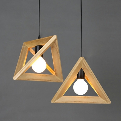 1 Head Log Wooden Pendant Light Triangle Shape Hanging Light for Bedroom