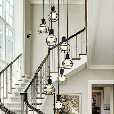 8-Head Metal Wire Cage Hanging Lamp Spiral Stairs Pendant Light in Black
