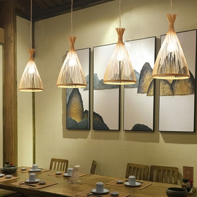 Asian Style Bell Shade Pendant Suspension Lighting Bamboo 1 Head Tea Room Pendant Ceiling Light