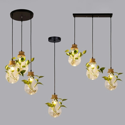 Black  Hanging Ceiling Light with Plant Clear Bulb Glass Restaurant Hanging Lamp