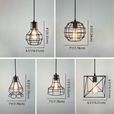 Black Metal Cage Hanging Pendant Light Industrial Style 1 Head Lighting Fixture for Cafe Shop