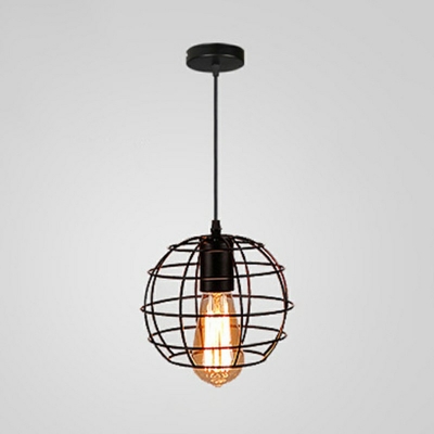 Black Metal Cage Hanging Pendant Light Industrial Style 1 Head Lighting Fixture for Cafe Shop