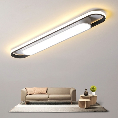 Contemporary Art Deco LED Linear Ceiling Flush Light Metal Round Corners and Linear Frame Pendant Lighting in White Finish