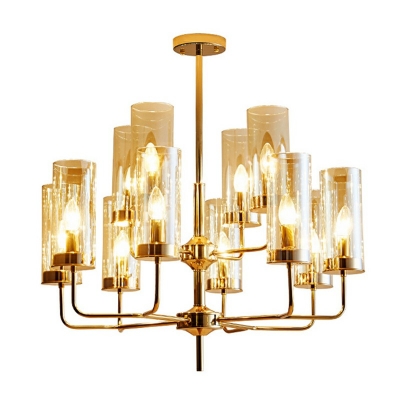 Golden Arm Chandelier Traditional Metal Living Room 12 Bulbs Hanging Lamp with Cylinder Glass Shade