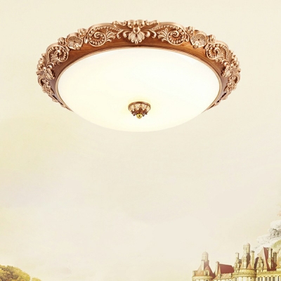 Golden LED Ceiling Lamp Traditional Cream Glass Bowl Flush Mount Light in White Light