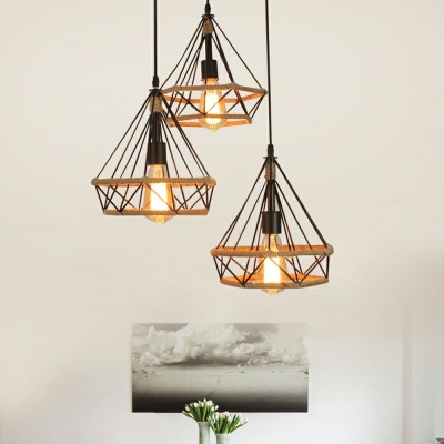 Industrial Style Cage Pendant Light Natural Rope 1 Light Hanging Lamp in Black