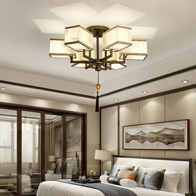 Traditional Style White Flush Mount Ceiling Light Vintage Rectangle with Tassel Knot Living Room