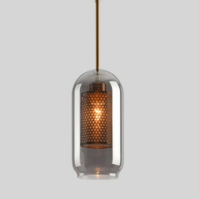 1 Light Cylinder Pendant Lamp Loft Industrial Clear Glass with Netal Mesh for Dining Room