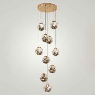 10-Bulbs Cognac Glass Globe Suspension Light Cluster Pendant with Foil Flower Decoration