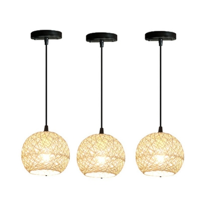 Curved Pendant Light Chinese Bamboo 1 Bulb Beige Globe Shade Ceiling Suspension Lamp for Dining Room