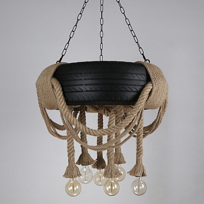 Exposed Bulb Rope Chandelier Lighting Farmhouse 6 Bulbs Restaurant Pendant Lamp in Black with Tyre Deco