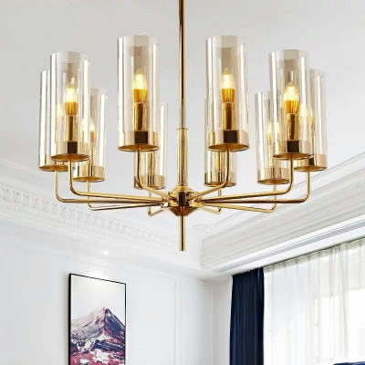 Post Modern Cylinder Chandelier Lighting Hand Blown Glass Multi Light Brass Hanging Light