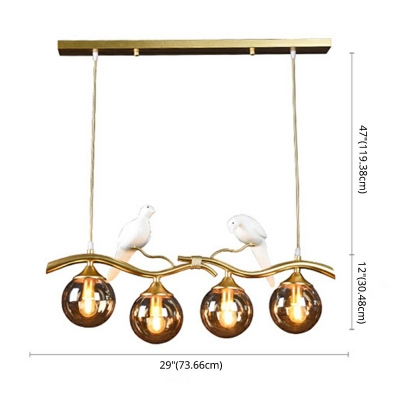 Sphere Suspension Light Glass 4-Head Postmodern Island Lamp with Bird and Branch Decor