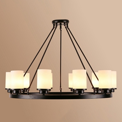 Traditional Round Chandelier White Cylindrical Glass Metal Pendant Lighting in Black for Living Room