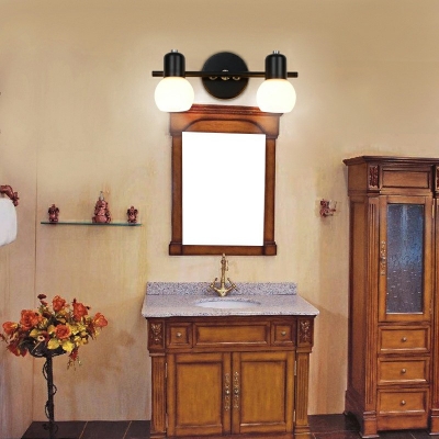 White Glass Globe Shade Vanity Lamp Retro 2/3 Lights Bathroom Wall Mounted Light in Black